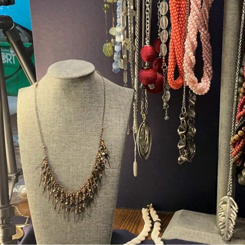 Gold-Tone Beaded Fringe Statement Necklace – Boho Chic / Vintage-Inspired - Picture 2 of 2